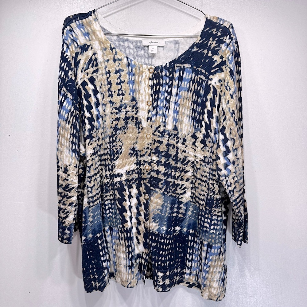 CJ Banks Blue & Gray Mixed Print Cardigan Button Front 3/4 Sleeves Cotton Sz 2X